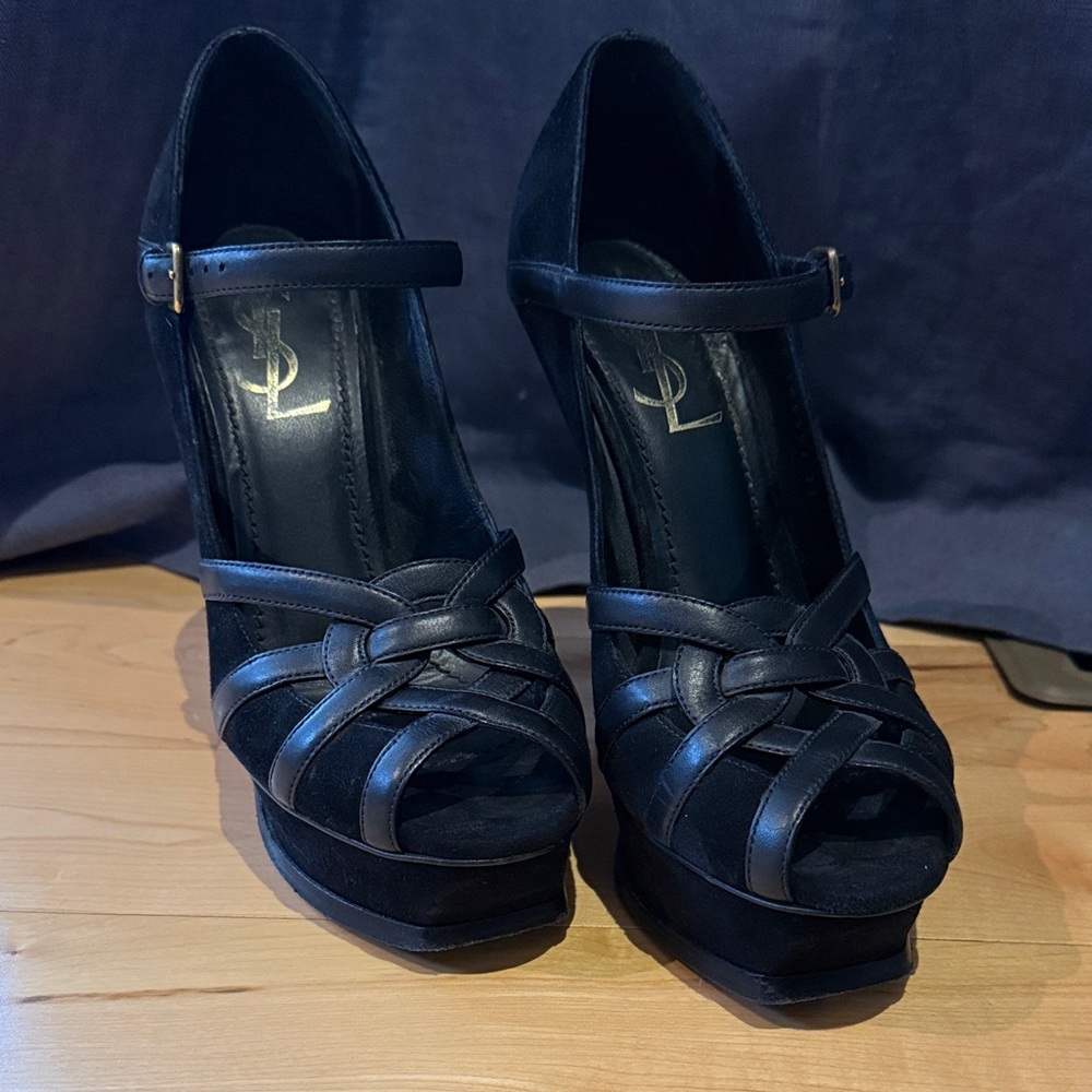 Yves Saint Laurent Black Suede and Leather Platform Heels 36.5